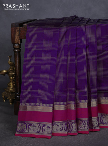 Kanchipuram silk cotton saree violet and pink with allover thread checked pattern and rettapet thread border