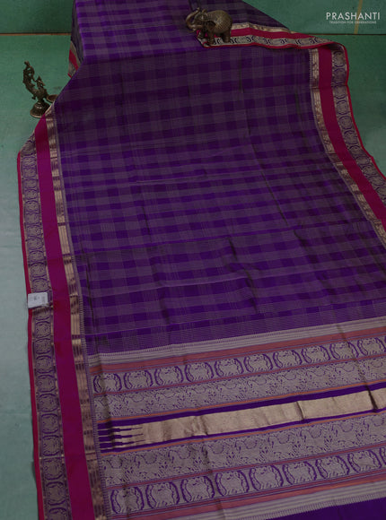 Kanchipuram silk cotton saree violet and pink with allover thread checked pattern and rettapet thread border