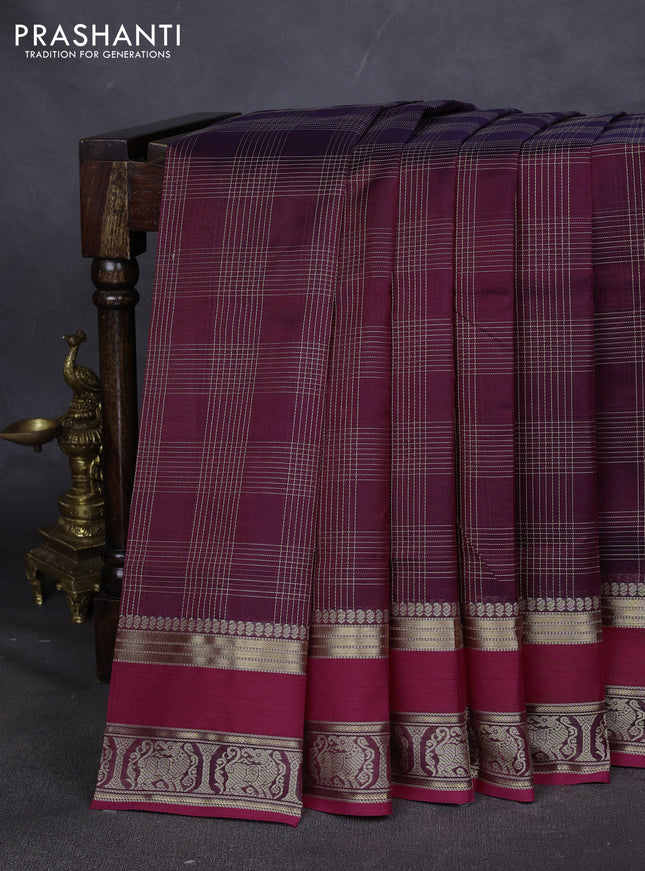 Kanchipuram silk cotton saree maroon with allover thread checked pattern and rettapet thread border