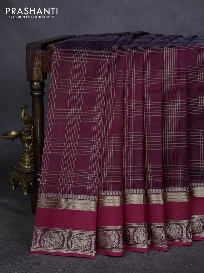 Kanchipuram silk cotton saree maroon with allover thread checked pattern and rettapet thread border
