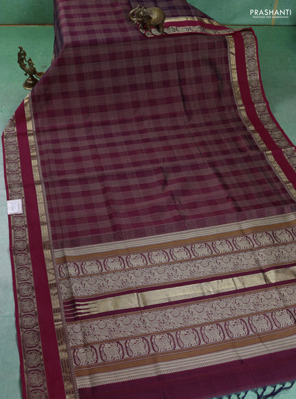 Kanchipuram silk cotton saree maroon with allover thread checked pattern and rettapet thread border