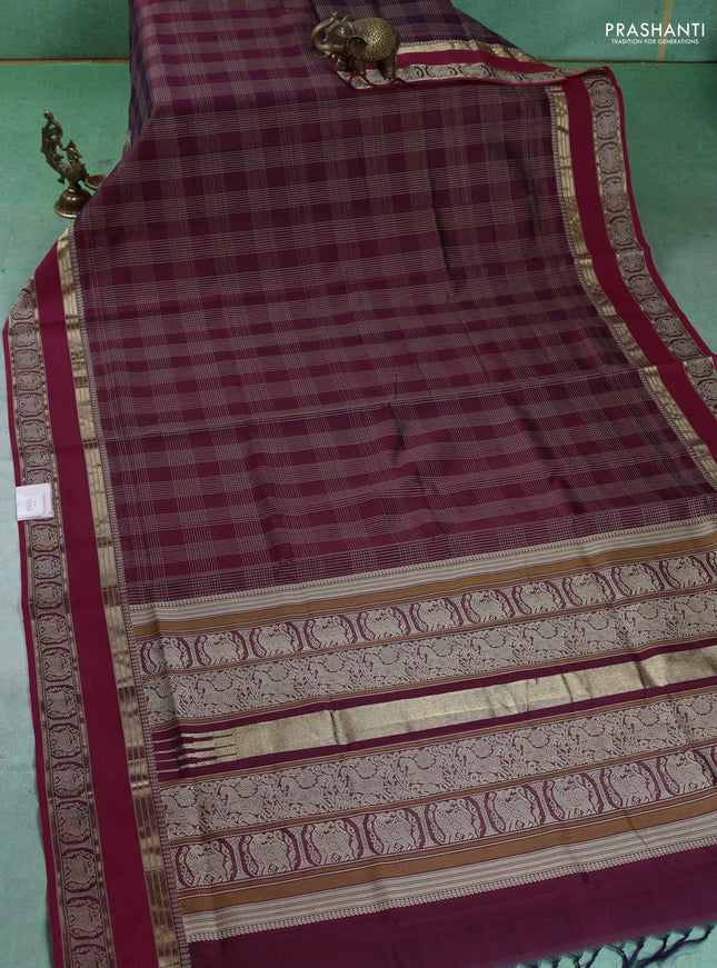 Kanchipuram silk cotton saree maroon with allover thread checked pattern and rettapet thread border