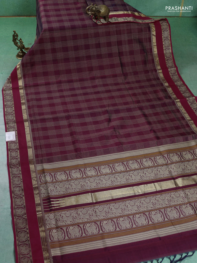 Kanchipuram silk cotton saree maroon with allover thread checked pattern and rettapet thread border