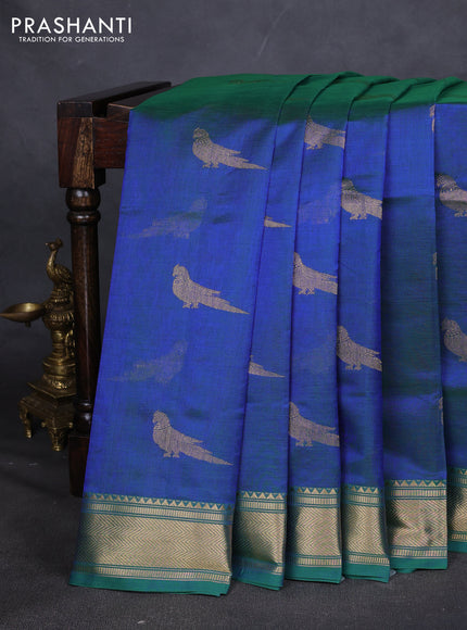 Kanchipuram silk cotton saree dual shade of bluish green and and zari woven buttas and zari woven border