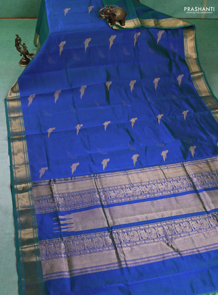 Kanchipuram silk cotton saree dual shade of bluish green and and zari woven buttas and zari woven border