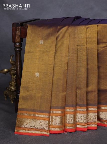 Kanchipuram silk cotton saree olive green and red and zari woven buttas and zari woven border