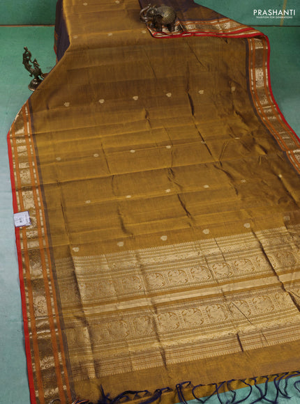 Kanchipuram silk cotton saree olive green and red and zari woven buttas and zari woven border