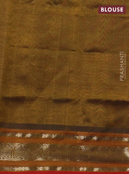 Kanchipuram silk cotton saree olive green and red and zari woven buttas and zari woven border