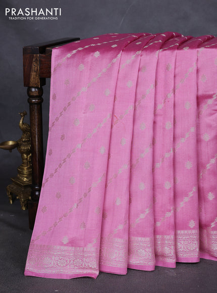 Chiniya silk saree light pink with allover silver zari weaves and zari woven border