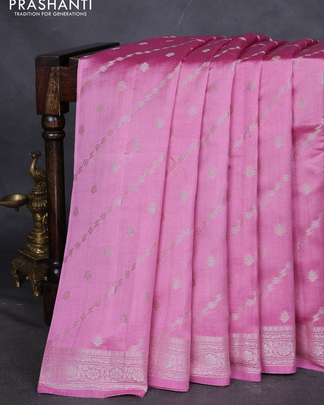 Chiniya silk saree light pink with allover silver zari weaves and zari woven border