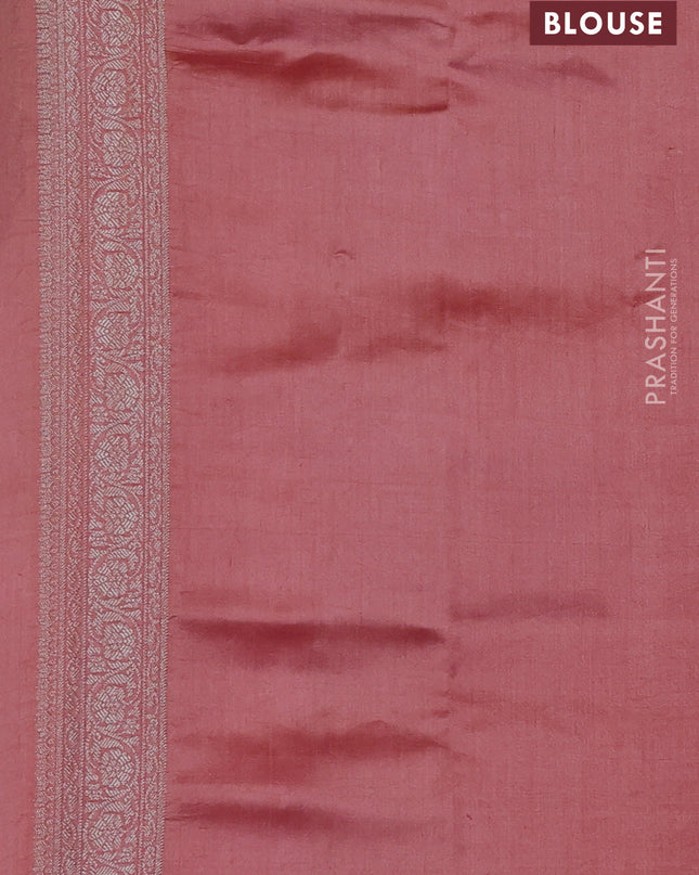 Chiniya silk saree peach shade with allover silver zari weaves and zari woven border