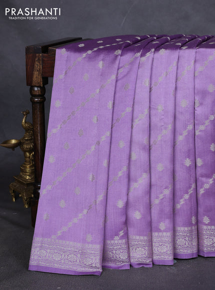 Chiniya silk saree lavender with allover silver zari weaves and zari woven border