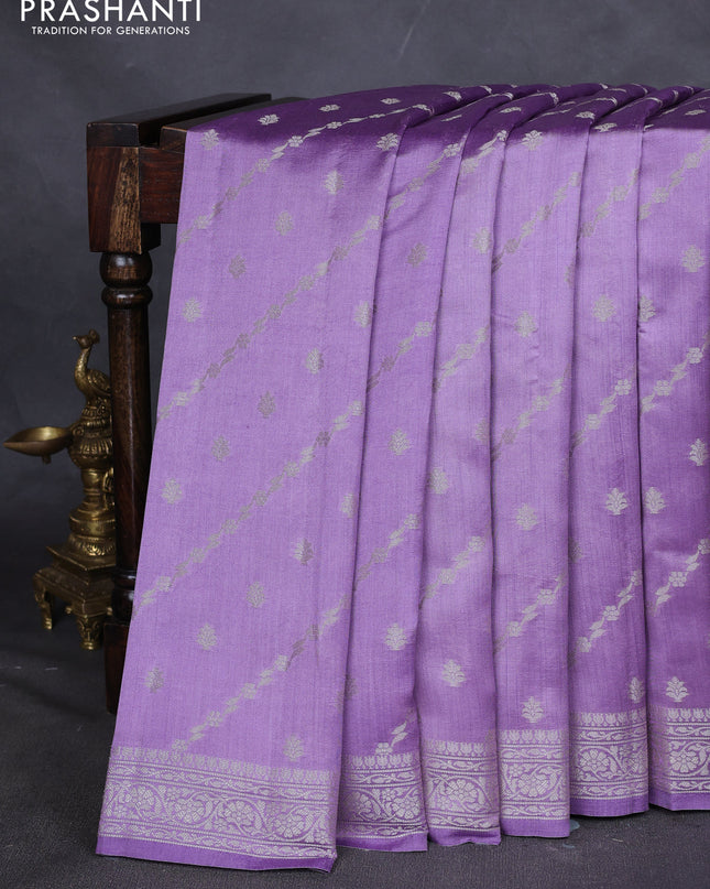Chiniya silk saree lavender with allover silver zari weaves and zari woven border