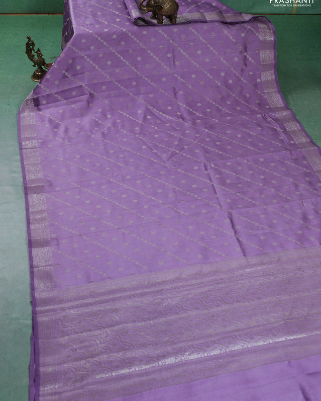 Chiniya silk saree lavender with allover silver zari weaves and zari woven border
