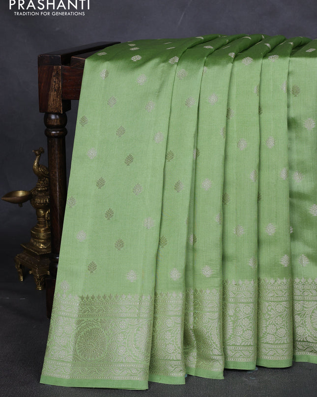 Chiniya silk saree pista green with zari woven buttas and zari woven border