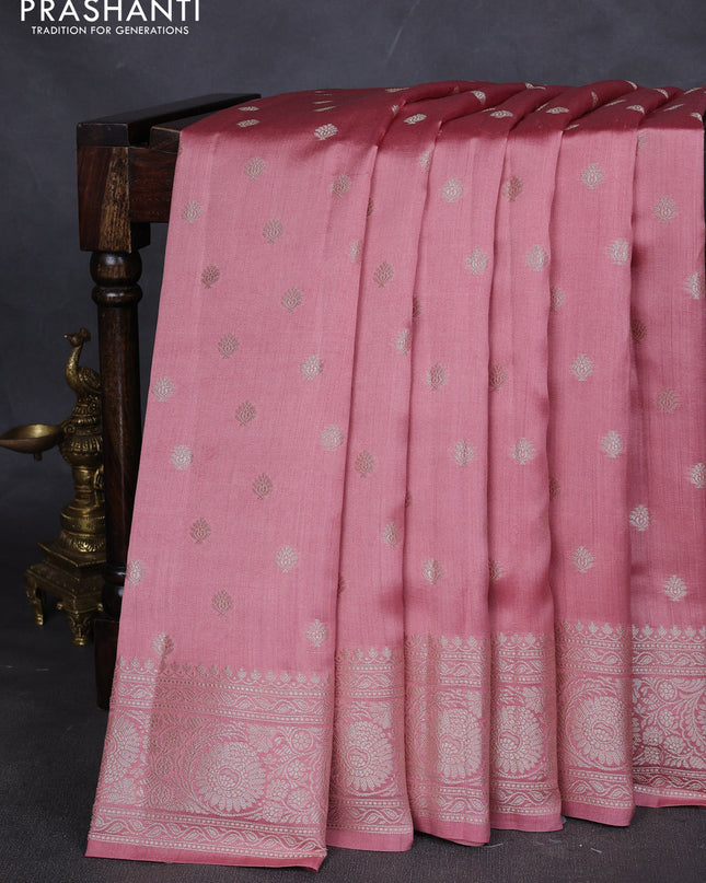 Chiniya silk saree peach shade with zari woven buttas and zari woven border