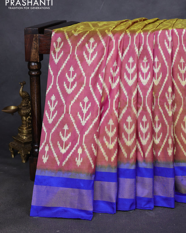 Pure pochampally silk saree dual shade of pink and blue with allover ikat weaves and zari woven border