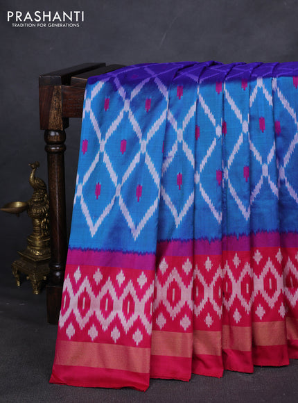Pure pochampally silk saree cs blue and pink with allover ikat weaves and zari woven border