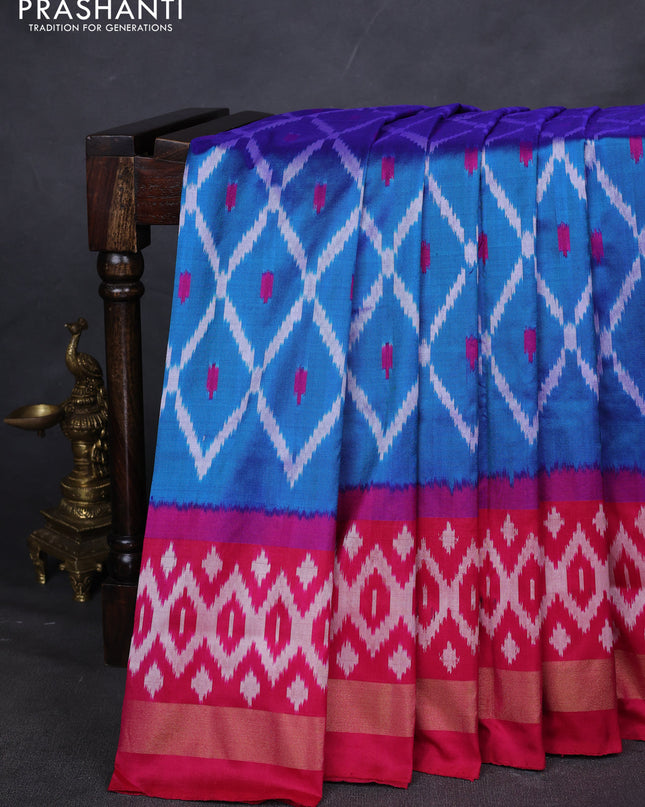Pure pochampally silk saree cs blue and pink with allover ikat weaves and zari woven border