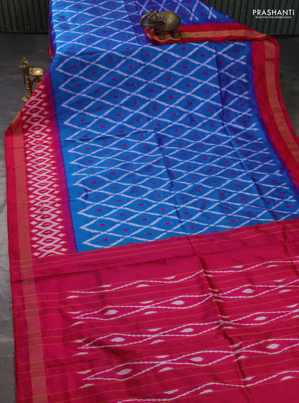 Pure pochampally silk saree cs blue and pink with allover ikat weaves and zari woven border
