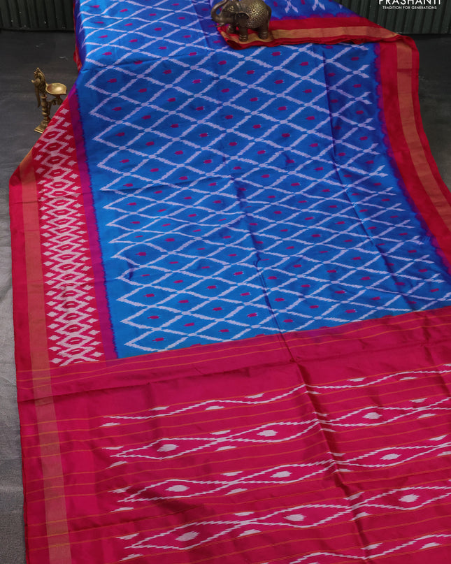 Pure pochampally silk saree cs blue and pink with allover ikat weaves and zari woven border
