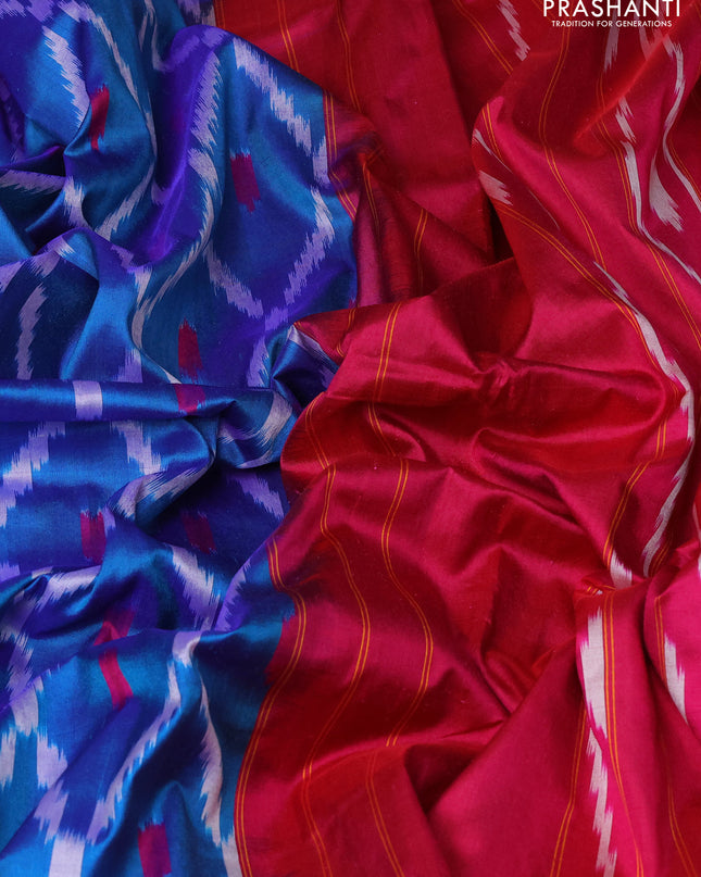 Pure pochampally silk saree cs blue and pink with allover ikat weaves and zari woven border
