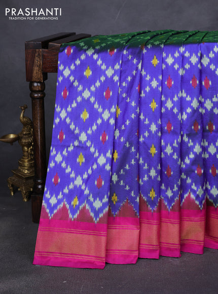 Pure pochampally silk saree blue and pink with allover ikat weaves and zari woven border