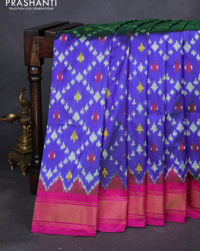 Pure pochampally silk saree blue and pink with allover ikat weaves and zari woven border