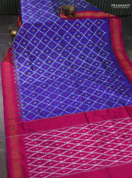 Pure pochampally silk saree blue and pink with allover ikat weaves and zari woven border