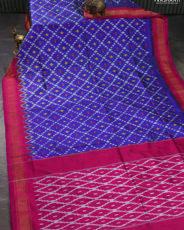 Pure pochampally silk saree blue and pink with allover ikat weaves and zari woven border