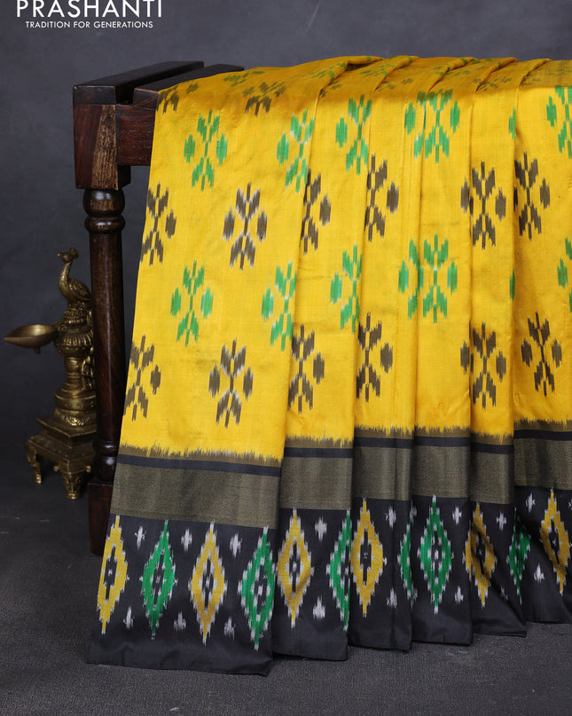 Pure pochampally silk saree mango yellow and black with ikat butta weaves and zari woven simple border