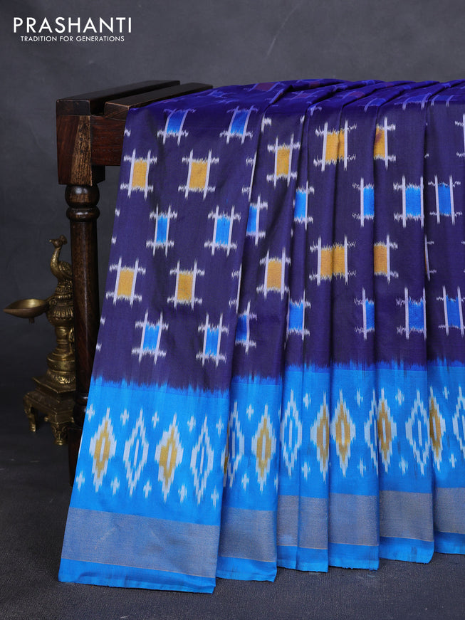 Pure pochampally silk saree navy blue and cs blue with ikat butta weaves and zari woven simple border