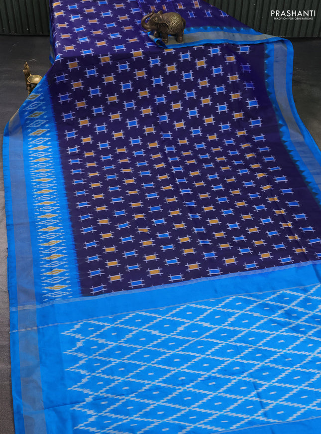 Pure pochampally silk saree navy blue and cs blue with ikat butta weaves and zari woven simple border