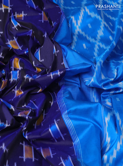Pure pochampally silk saree navy blue and cs blue with ikat butta weaves and zari woven simple border