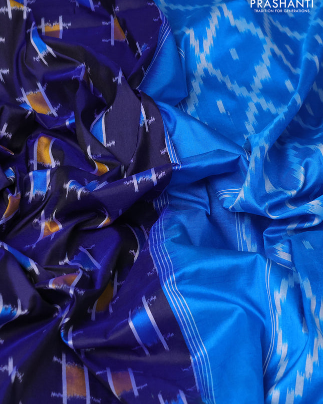 Pure pochampally silk saree navy blue and cs blue with ikat butta weaves and zari woven simple border