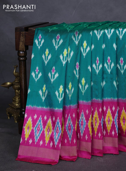 Pure pochampally silk saree teal blue and pink with ikat butta weaves and zari woven simple border