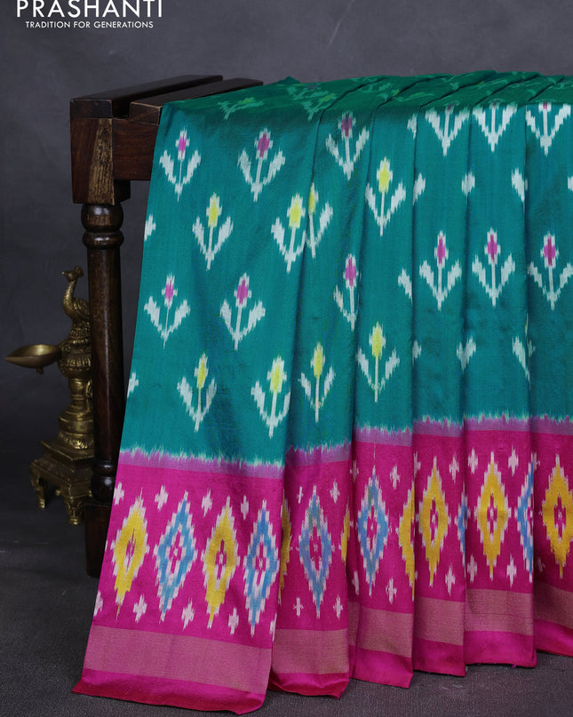 Pure pochampally silk saree teal blue and pink with ikat butta weaves and zari woven simple border