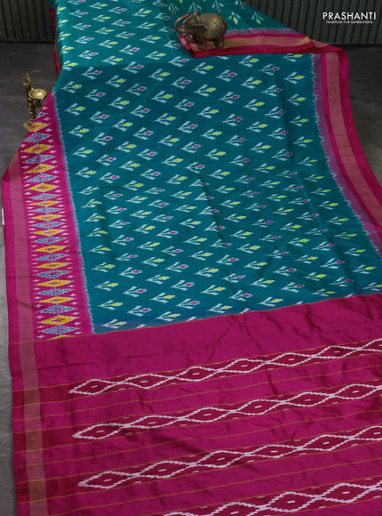 Pure pochampally silk saree teal blue and pink with ikat butta weaves and zari woven simple border