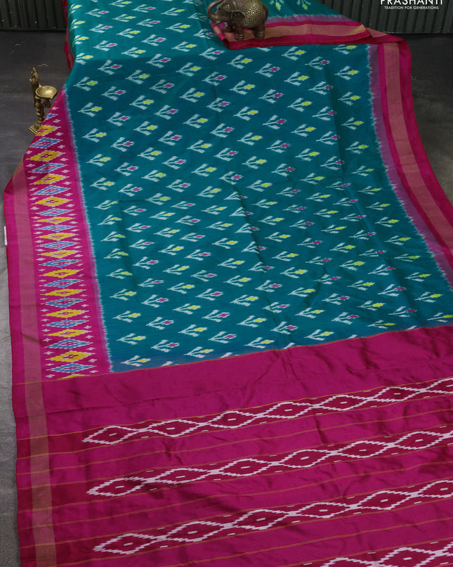 Pure pochampally silk saree teal blue and pink with ikat butta weaves and zari woven simple border