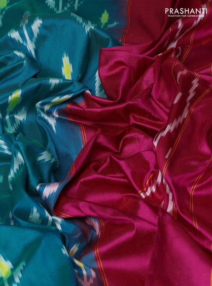 Pure pochampally silk saree teal blue and pink with ikat butta weaves and zari woven simple border