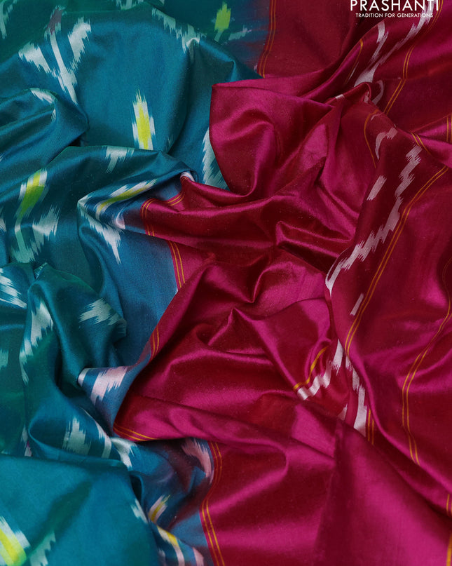 Pure pochampally silk saree teal blue and pink with ikat butta weaves and zari woven simple border