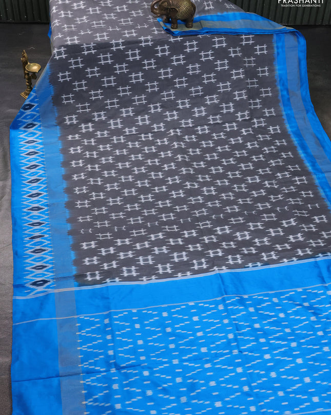 Pure pochampally silk saree grey and cs blue with allover ikat weaves and zari woven simple border