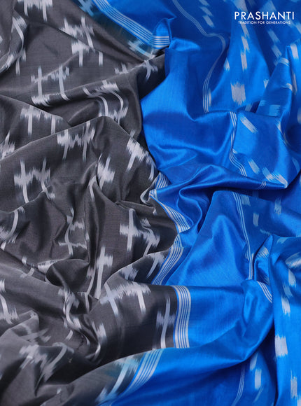 Pure pochampally silk saree grey and cs blue with allover ikat weaves and zari woven simple border