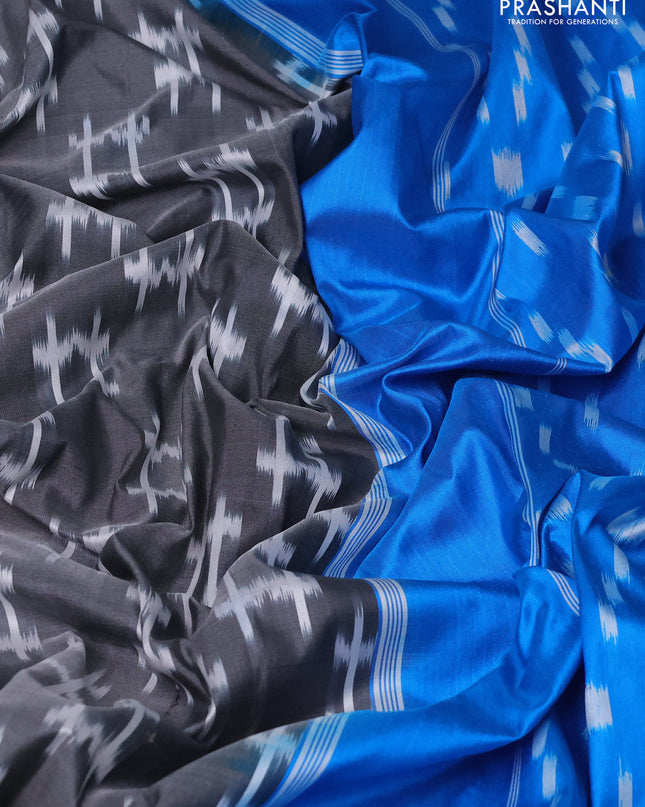 Pure pochampally silk saree grey and cs blue with allover ikat weaves and zari woven simple border