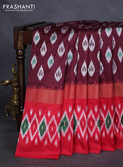 Pure pochampally silk saree deep maroon and red with allover ikat weaves and zari woven simple border
