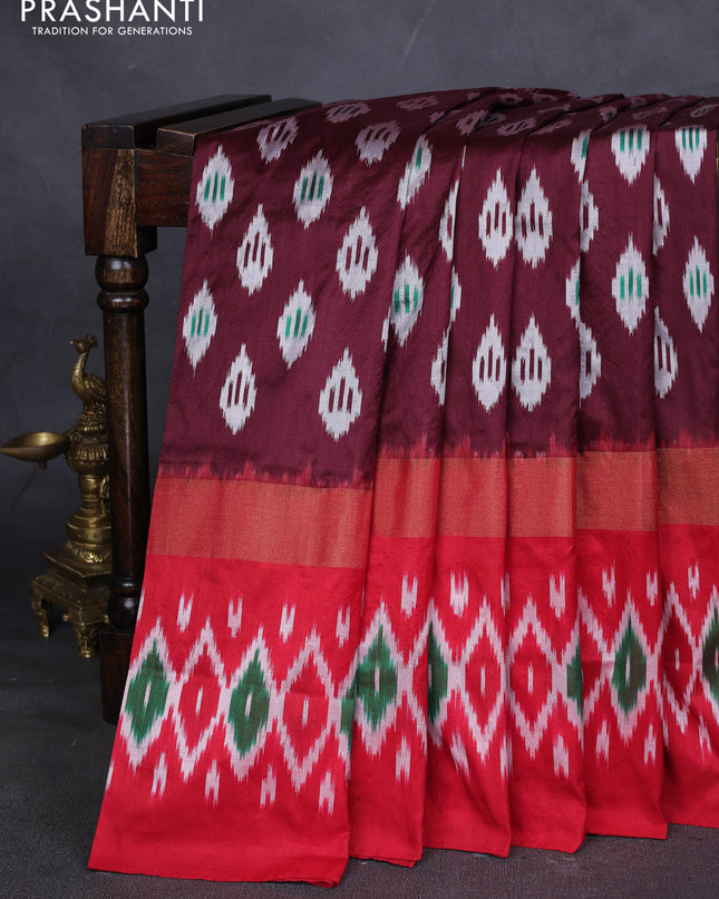 Pure pochampally silk saree deep maroon and red with allover ikat weaves and zari woven simple border