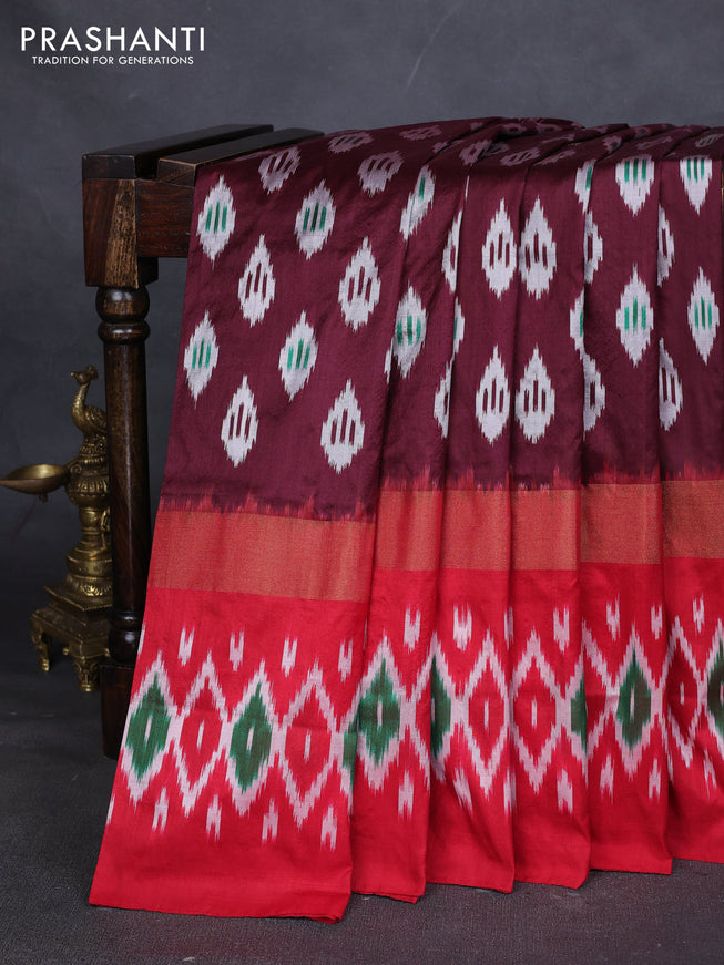 Pure pochampally silk saree deep maroon and red with allover ikat weaves and zari woven simple border