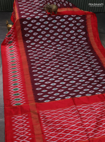 Pure pochampally silk saree deep maroon and red with allover ikat weaves and zari woven simple border