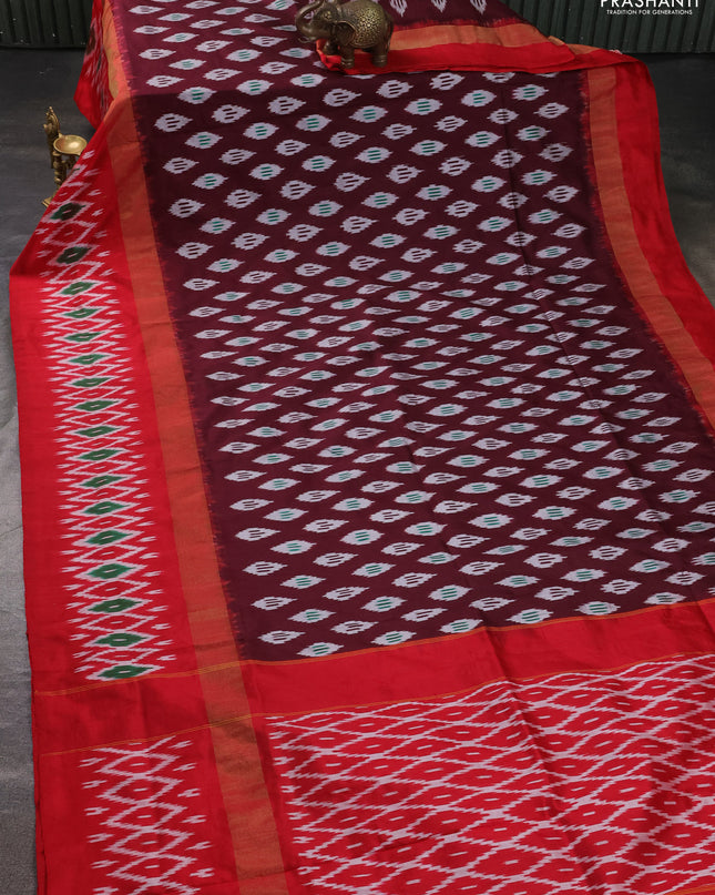 Pure pochampally silk saree deep maroon and red with allover ikat weaves and zari woven simple border