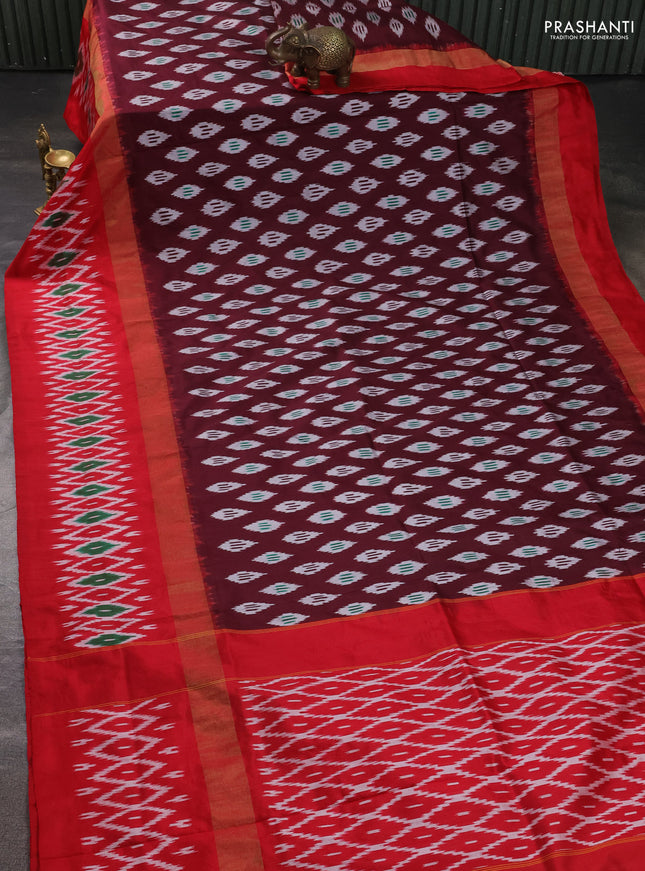 Pure pochampally silk saree deep maroon and red with allover ikat weaves and zari woven simple border